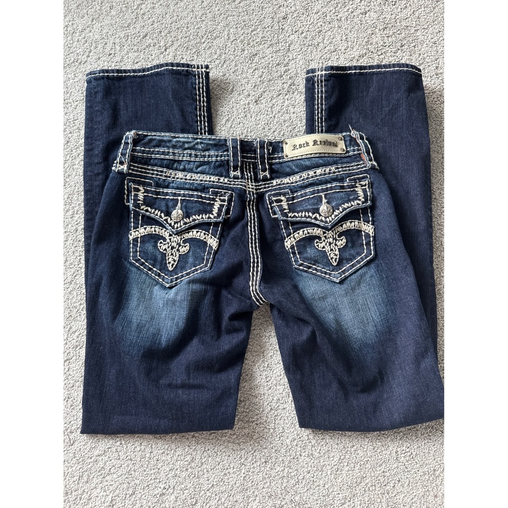 Rock Revival Jenna Bootcut Jeans Dark Wash Thick Stitch Embroidered Size 29